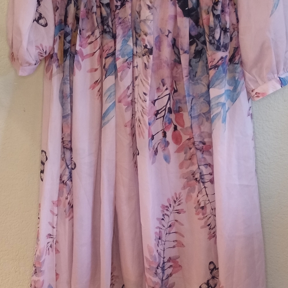 Feminine Fairycore Silk Floral and Butterfly Pastel Purple Whimsical Midi Dress - Picture 7 of 13